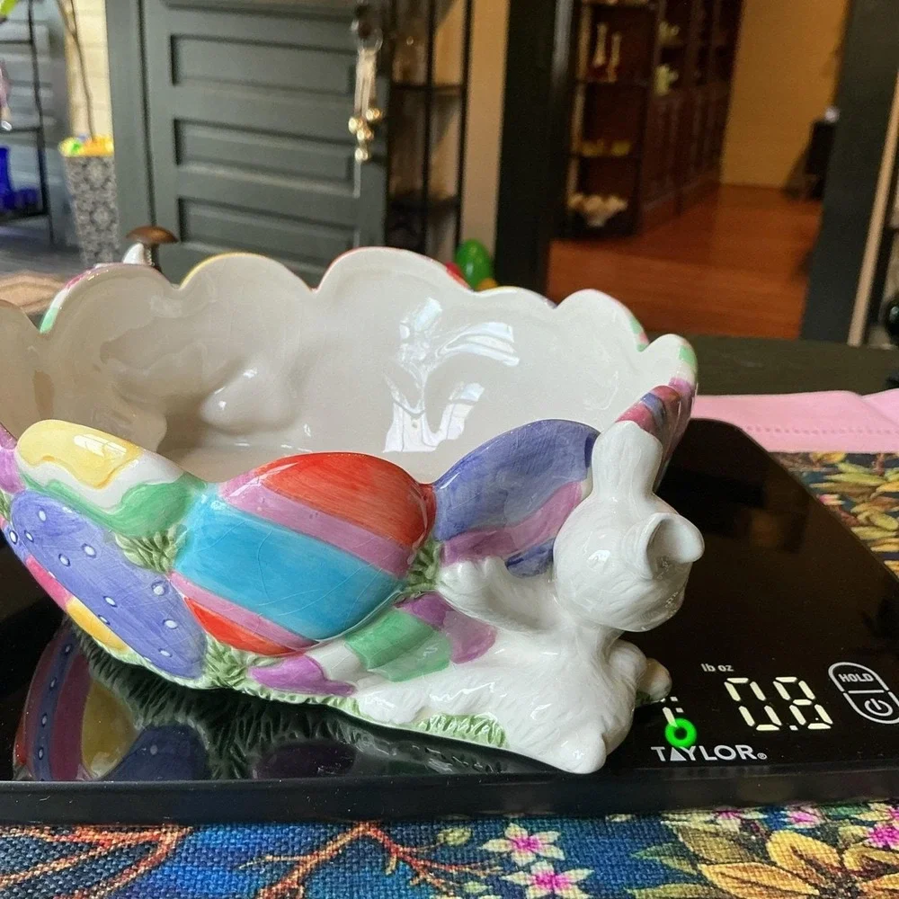Vintage Fitz And Floyd Gathering‎ Eggs Easter Candy Bowl 2 Bunny Rabbits